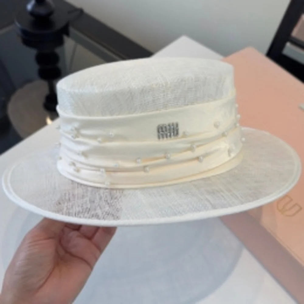 ♡ Miu Miu 𓂃 Pearl Decor Boater Hat ⋆ Crystal Logo